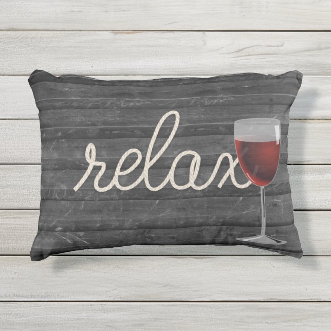 Relax nautical rope text on wood with wine outdoor pillow (Front)