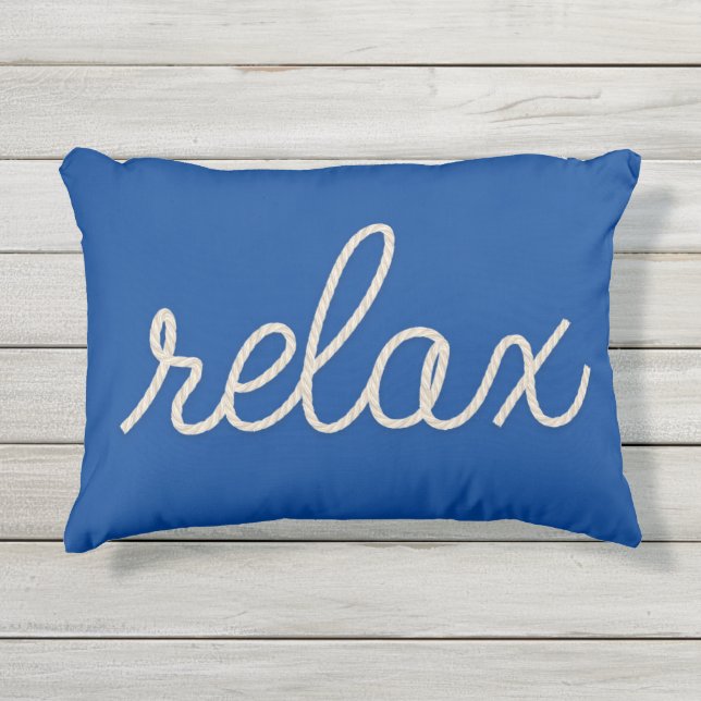 relax nautical rope word on blue outdoor pillow (Front)