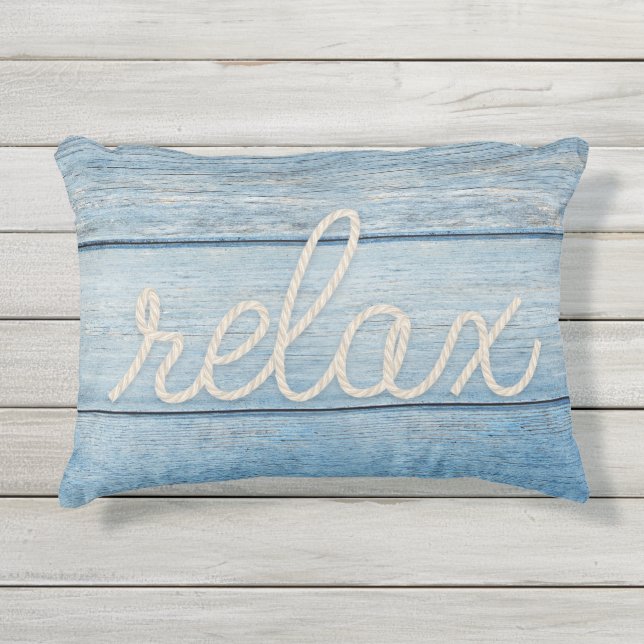 relax nautical rope word on wood outdoor pillow (Front)