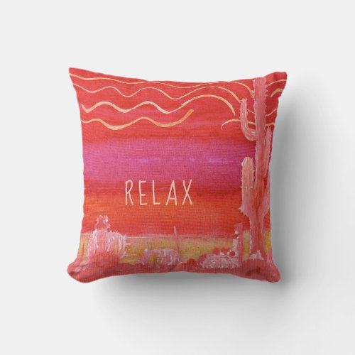 Relax Pink Bohemian BOHO Desert Cactus Watercolor Throw Pillow