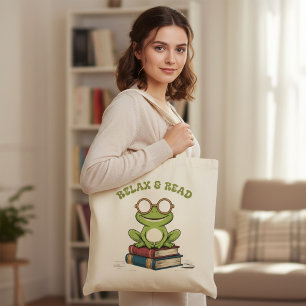 Relax & Read Cute Frog on Books Funny Bookworm Tote Bag
