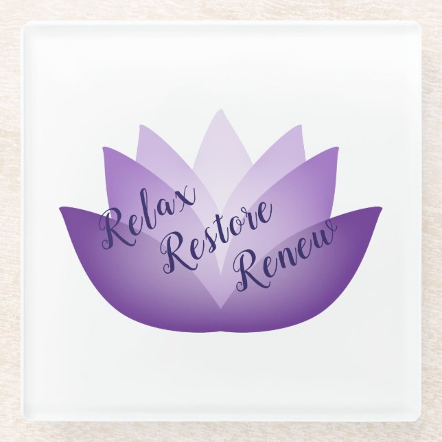 Relax Restore Renew Lovely Lavender Lotus Flower Glass Coaster (Front)