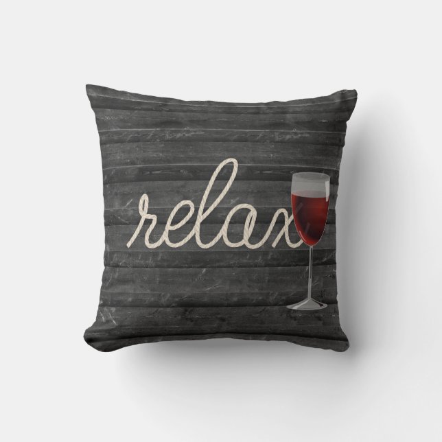 Relax rope text on wood with wine glass throw pillow (Front)