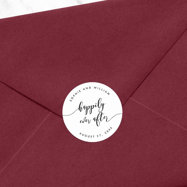 Relax Script Happily Ever After Wedding Favor Classic Round Sticker (Creator Uploaded)