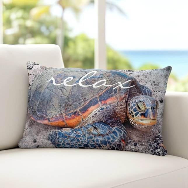 Relax Script Hawaiian Sea Turtle Honu Bold Photo Lumbar Pillow (Creator Uploaded)