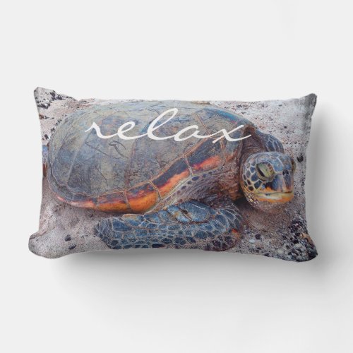 Relax Script Hawaiian Sea Turtle Honu Bold Photo Lumbar Pillow