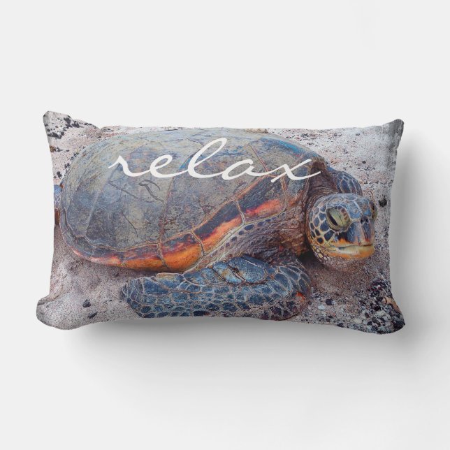Relax Script Hawaiian Sea Turtle Honu Bold Photo Lumbar Pillow (Front)