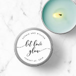 Relax Script Let Love Glow Wedding Favor Classic Round Sticker<br><div class="desc">Wedding favor sticker featuring the words "let love glow" in a relax cursive script in black against a white background that's great for candle favor gifts. Personalize it by replacing the placeholder text. For more options such as to change the font and it's size/color, expand /contract curve or the spacing...</div>