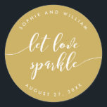 Relax Script Let Love Sparkle Custom Color Wedding Classic Round Sticker<br><div class="desc">Wedding favor sticker featuring the words "let love sparkle" in a relax cursive script in white against an editable background color (click customize to access). Personalize it by replacing the placeholder text. For more options such as to change the font and it's size/color, expand /contract curve or the spacing between...</div>