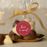 Relax Script Love is Sweet Editable Color Wedding Classic Round Sticker<br><div class="desc">Wedding favor sticker featuring the words "love is sweet" in a relax cursive script in white against an editable background color (click customize to access). Personalize it by replacing the placeholder text. For more options such as to change the font and it's size/color, expand /contract curve or the spacing between...</div>