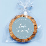 Relax Script Love is Sweet Editable Color Wedding Classic Round Sticker<br><div class="desc">Wedding favor sticker featuring the words "love is sweet" in a relax cursive script in white against an editable background color (click customize to access). Personalize it by replacing the placeholder text. For more options such as to change the font and it's size/color, expand /contract curve or the spacing between...</div>