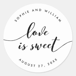 Blue floral Love is sweet By PMPrinted personalised Wedding favour stickers 37mm x 35