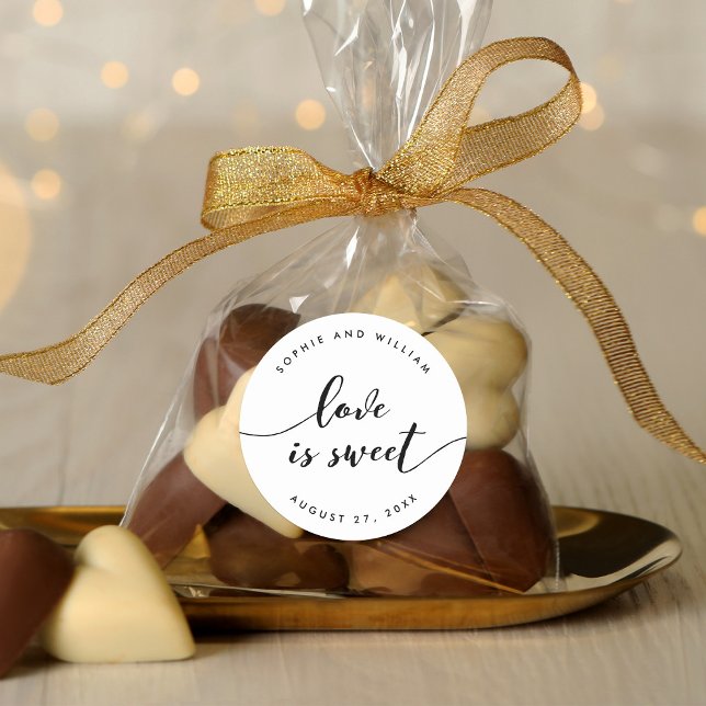 Relax Script Love is Sweet Wedding Favor Classic Round Sticker (Creator Uploaded)