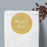 Relax Script Perfect Blend Custom Color Wedding Classic Round Sticker<br><div class="desc">Wedding favor sticker featuring the words "the perfect blend" in a relax cursive script in white against an editable background color (click customize to access). Personalize it by replacing the placeholder text. For more options such as to change the font and it's size/color, expand /contract curve or the spacing between...</div>