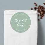 Relax Script Perfect Blend Custom Color Wedding Classic Round Sticker<br><div class="desc">Wedding favor sticker featuring the words "the perfect blend" in a relax cursive script in white against an editable background color (click customize to access). Personalize it by replacing the placeholder text. For more options such as to change the font and it's size/color, expand /contract curve or the spacing between...</div>