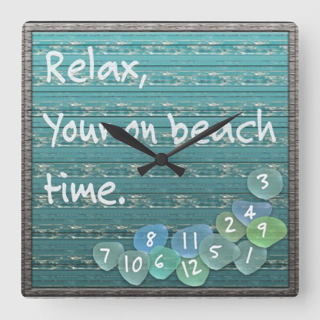Relax, Sea Glass Beach Driftwood Ocean Square Wall Clock (Front)