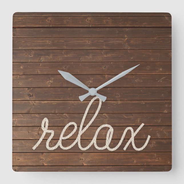 Relax text and nautical rope on teak square wall clock (Front)