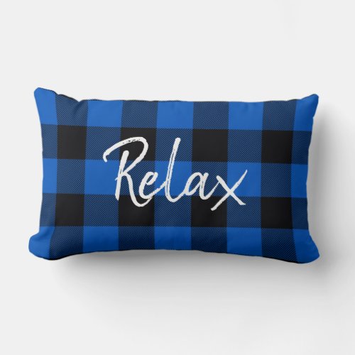 Relax Text on Black and Blue Plaid  Lumbar Pillow