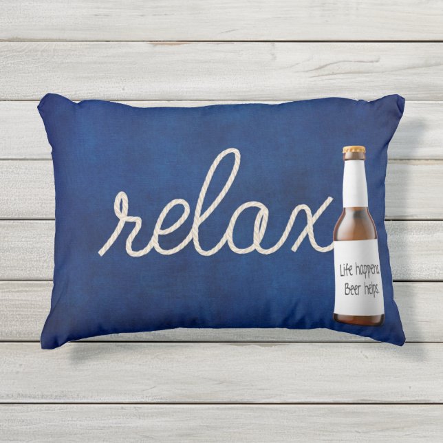 relax text rope on blue with beer bottle outdoor pillow (Front)