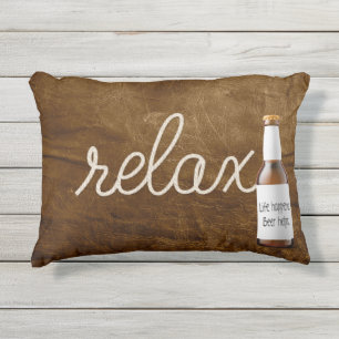 relax text rope on leather texture with beer outdoor pillow