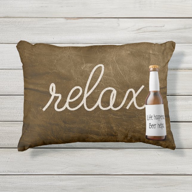 relax text rope on leather texture with beer outdoor pillow (Front)