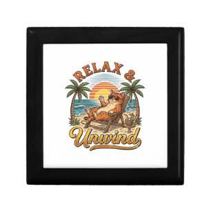 Relax & Unwind Beach Cat Vintage Engraving Design_ Gift Box