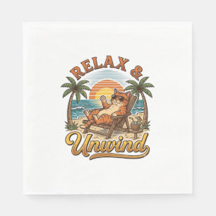 Relax & Unwind Beach Cat Vintage Engraving Design_ Napkins