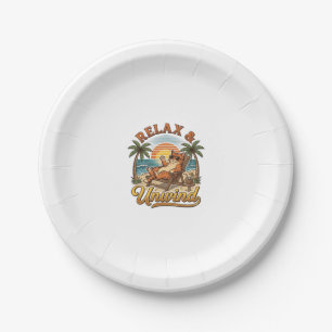 Relax & Unwind Beach Cat Vintage Engraving Design_ Paper Plates