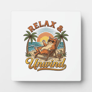 Relax & Unwind Beach Cat Vintage Engraving Design_ Plaque