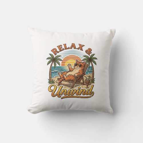 Relax & Unwind Beach Cat Vintage Engraving Design_ Throw Pillow