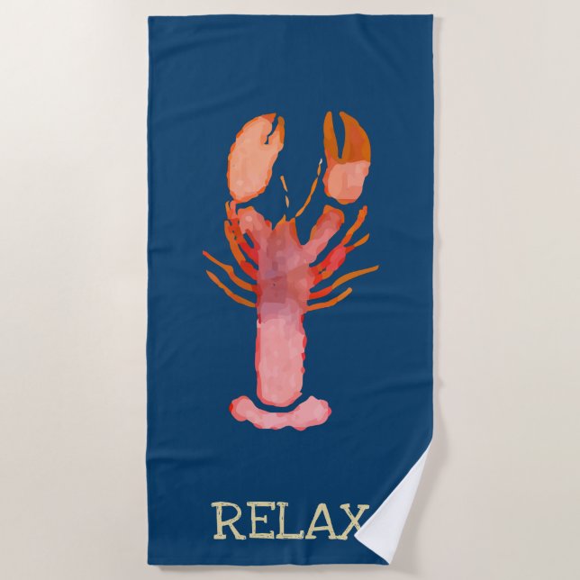 Relax Watercolor Lobster Nautical Beach Towel (Front)
