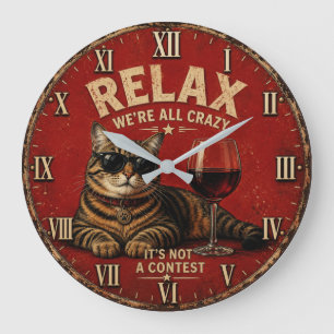Relax We're All Crazy Funny Cat and Wine Large Clock
