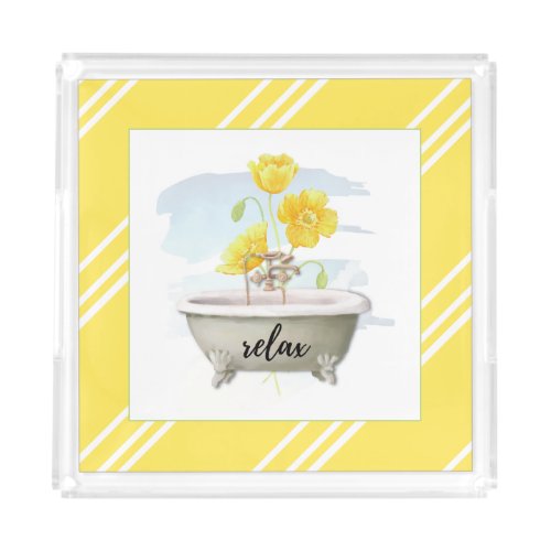 Relax  Yellow Floral and Striped Acrylic Tray
