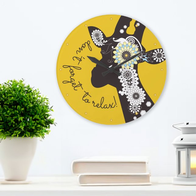 Relax - Yellow Funky Funny Giraffe Large Clock (Creator Uploaded)