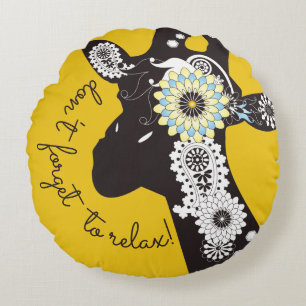 Relax - Yellow Funky Funny Giraffe Round Pillow