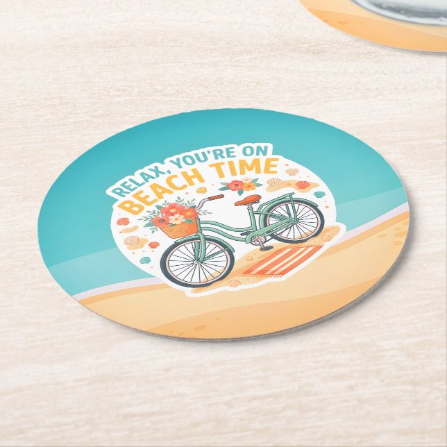 Relax, You're On Beach Time Round Paper Coaster (Angled)