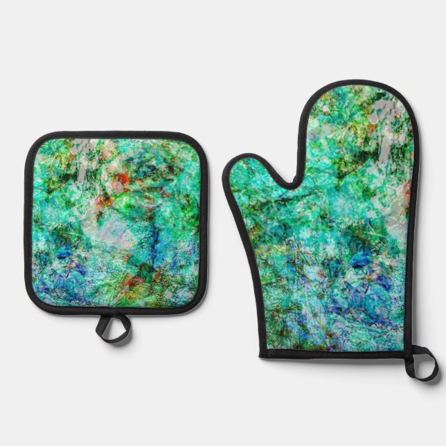 Relaxed blue pot holder and oven mitt,Eco friendly Oven Mitt & Pot Holder Set (Front)