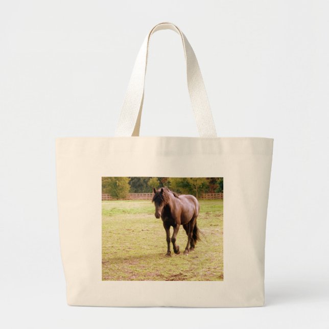 Relaxed Brown Horse Walking Large Tote Bag (Front)