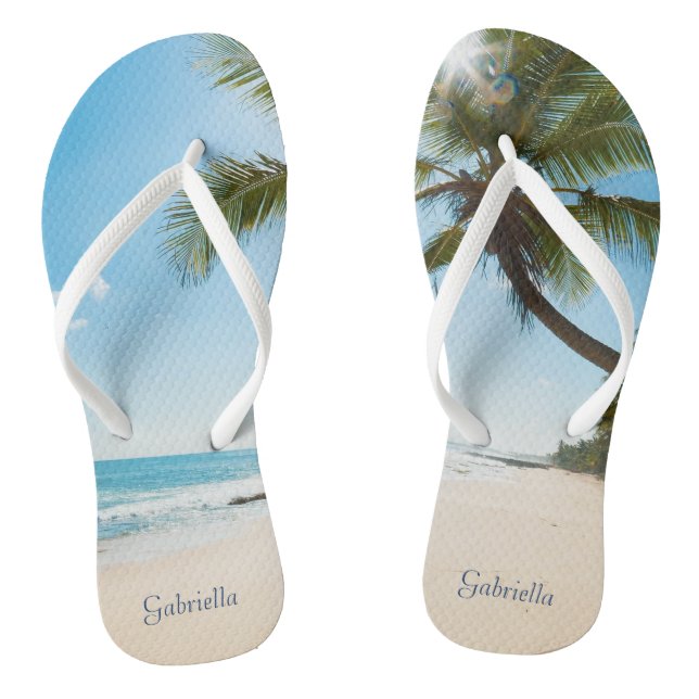 Relaxed Calm Beach Scene Palm Tree Flip Flops (Footbed)