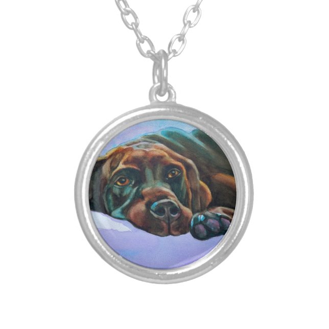 Relaxed Chocolate Lab Dog Silver Plated Necklace (Front)