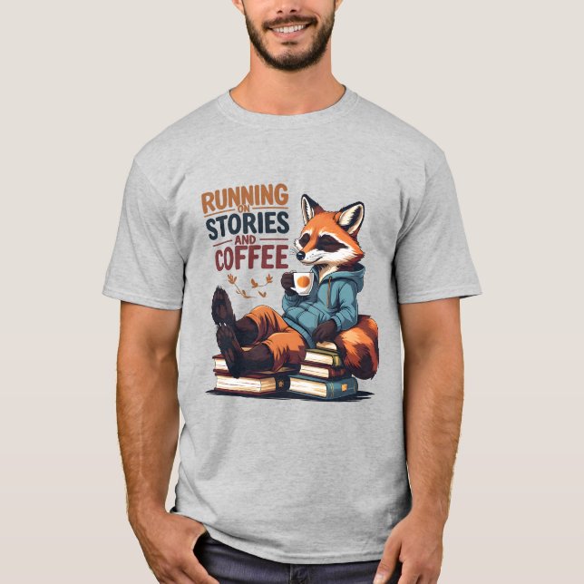 Relaxed Fox with Coffee – Cozy Book Lovers T-Shirt (Front)
