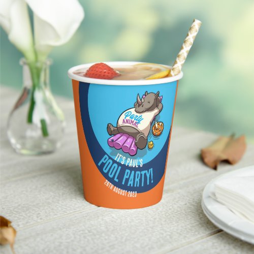 Relaxed Rhino On Inflatable Pool Party Cartoon Paper Cups
