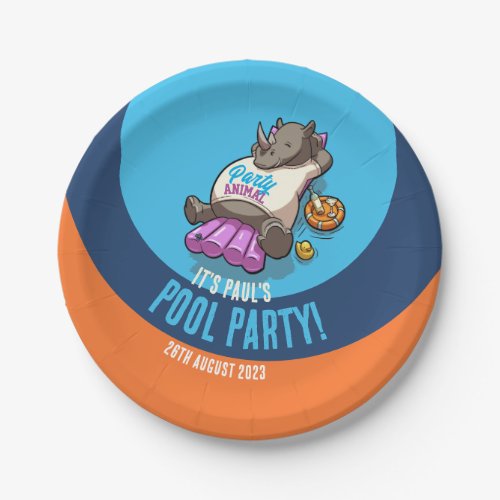 Relaxed Rhino On Inflatable Pool Party Cartoon Paper Plates