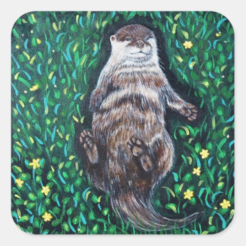 Relaxed River Otter Painting Square Sticker