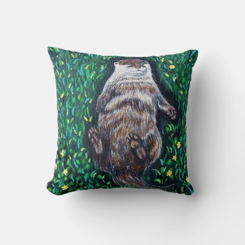 Relaxed River Otter Painting Throw Pillow
