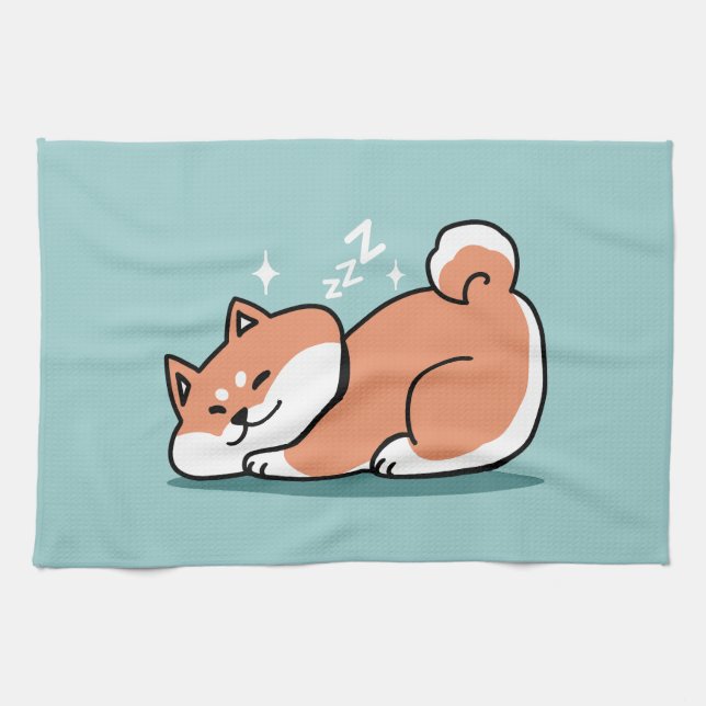Relaxed Shiba Inu Art: Just a Shiba Lying Low Kitchen Towel (Horizontal)