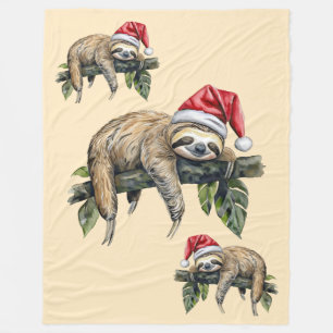 Relaxed Sloth with a Christmas hat 1 Fleece Blanket