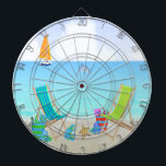 Relaxing Beach Dart Board<br><div class="desc">Relaxing Beach Dart Board features a beach background with ocean, sand, sailboat and dolphin, two colorful beach chairs with beach bags, beach hats, flip flops starfish. Bull’s-eye! Let the games begin! Each dart boards comes with six brass tipped darts. One set of three American flag flight darts and one set...</div>