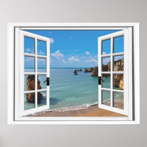 Relaxing Beach Ocean View Faux Window Poster