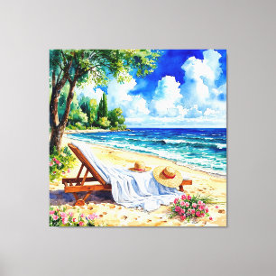 Relaxing Beach Scene with Lounge Chair Canvas Print
